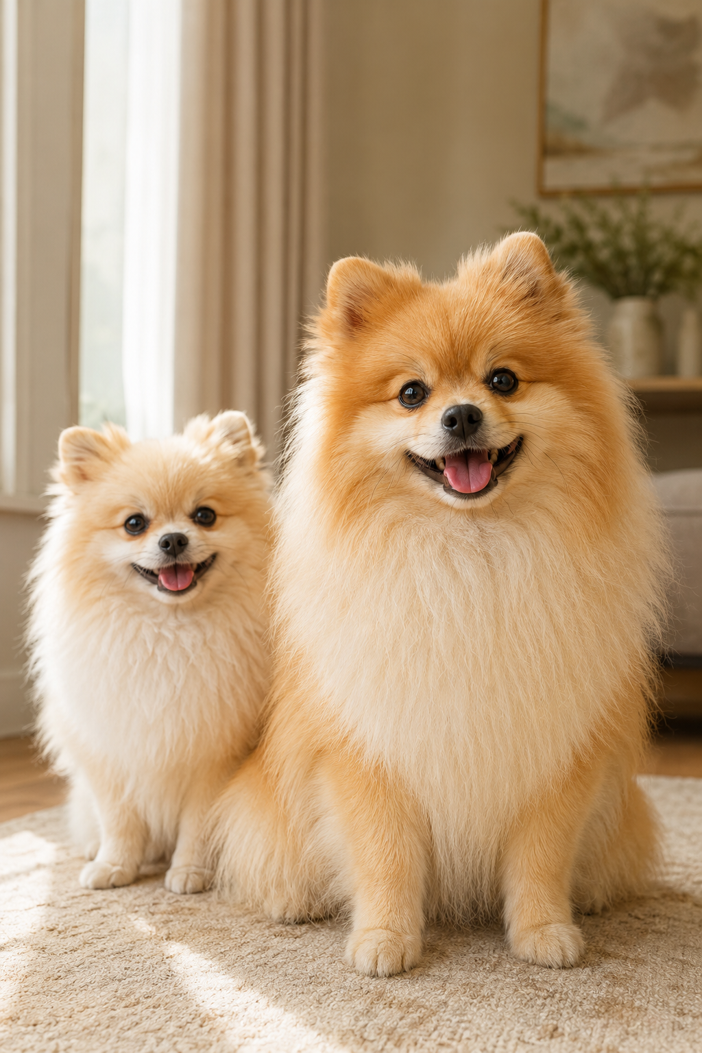Two happy orange and cream Pomeranians sitting together